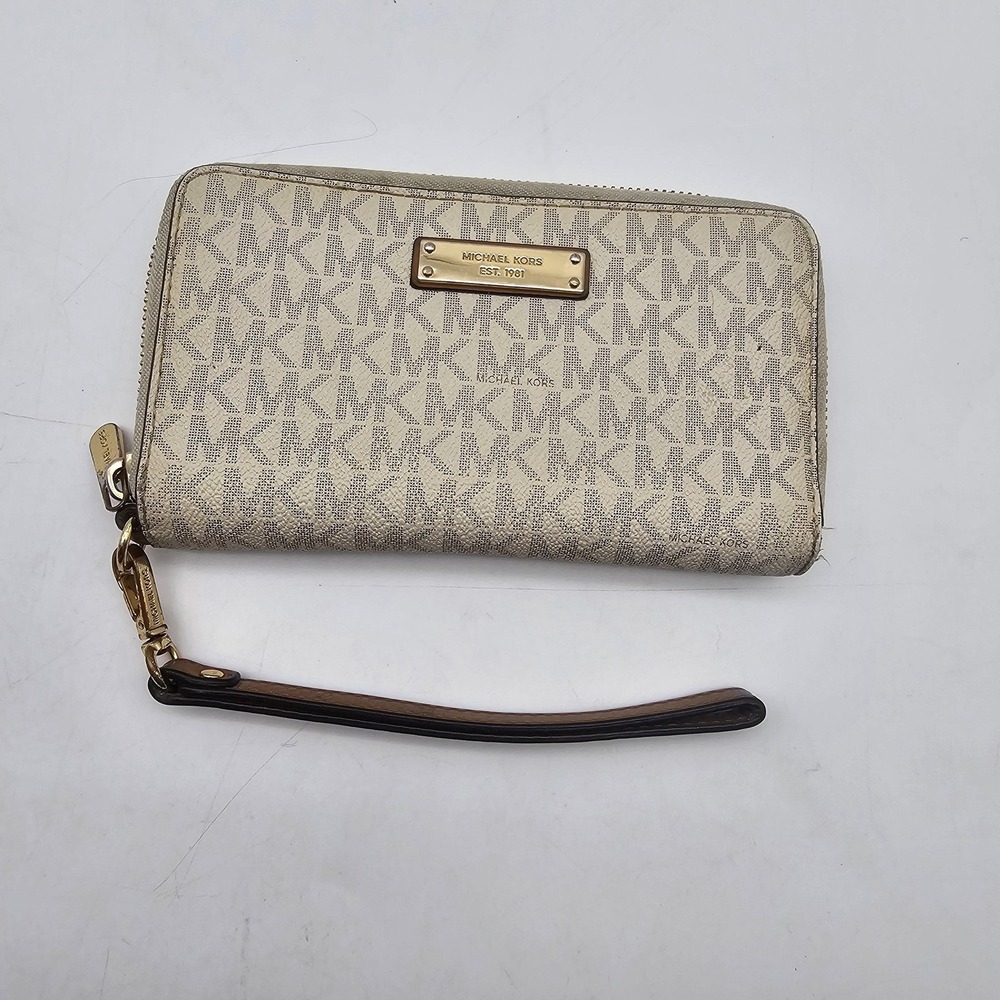 Michael Kors Wristlet Wallet Womens Beige MK Logo Zip Around Leather Clutch